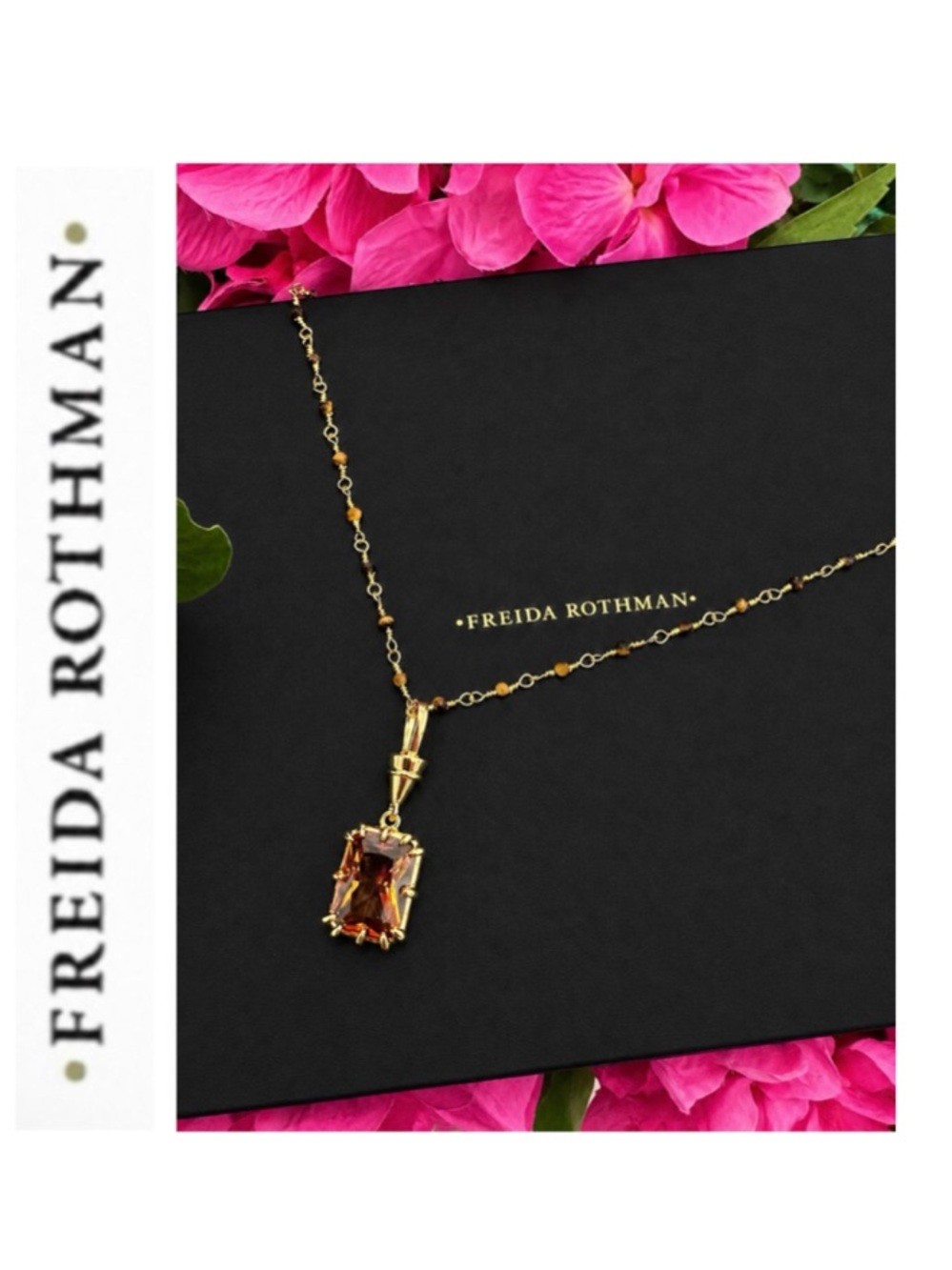 Freida Rothman Vault Faceted Smoky Quartz Drop Pendant Tiger’s Eye Beaded Chain